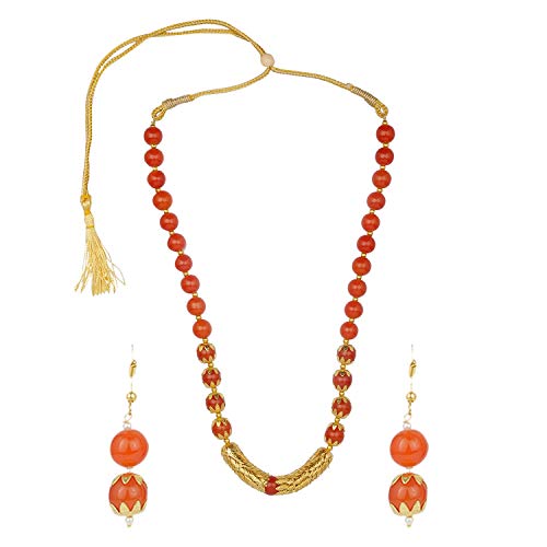 Efulgenz Boho Indian Bollywood Antique Gold Plated Faux Pearl Beaded Bridal Wedding Strand Statement Orange Necklace Earrings Jewelry Set