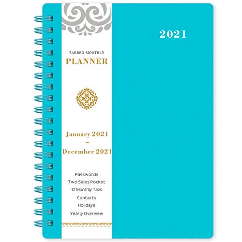 2021 Monthly Planner – 12-Month Planner with Tabs & Pocket, Contacts and Passwords, 6.3" x 8.4", Thick Paper, Jan. – Dec. 2021, Twin-Wire Binding – Teal by Artfan