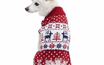 Blueberry Pet Vintage Ugly Christmas Reindeer Holiday Festive Pullover Dog Sweater in Tango Red & Navy Blue, Back Length 18", Pack of 1 Clothes for Dogs