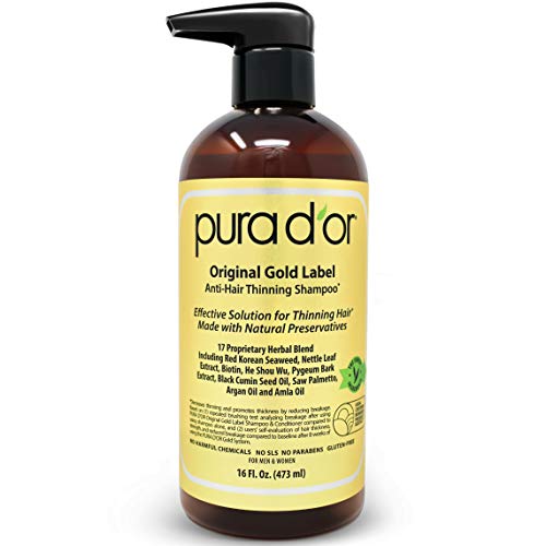 PURA D'OR Original Gold Label Anti-Thinning Biotin Shampoo (16oz) w/ Argan Oil, Nettle Extract, Saw Palmetto, Red Seaweed, 17+ DHT Herbal Actives, No Sulfates, Natural Preservatives, For Men & Women