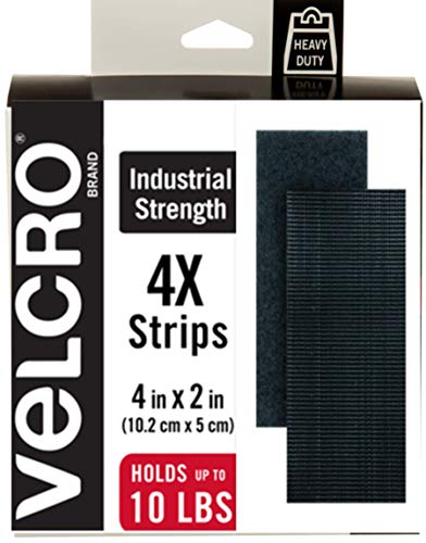 VELCRO Brand Heavy Duty Fasteners | 4×2 Inch Strips 4 Sets | Holds 10 lbs | Stick-On Adhesive Backed | Black Industrial Strength | For Indoor or Outdoor Use