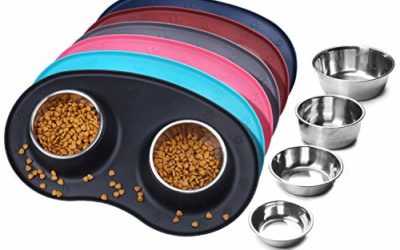 Vivaglory Dog Cat Bowls Stainless Steel Puppy Food and Water Bowls with Wider Non Skid & Non Spill Silicone Mat, Black
