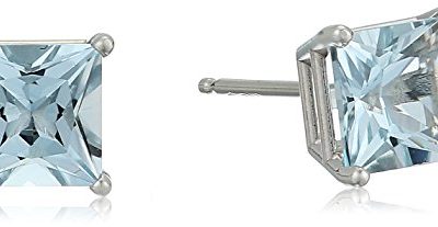 10K White Gold Princess cut Aquamarine Stud Earrings, (5mm)