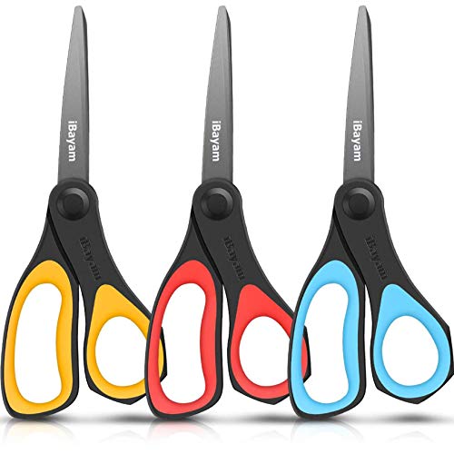 Scissors, iBayam 3 Pack 8" All-Purpose Titanium Non-Stick Scissors, Comfort Grip Sharp Nonstick Scissors for Office School Home General Use Art Craft Classroom DIY Supplies Cutting Tape Adhesive Vinyl