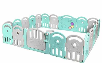 Costzon Baby Playpen, 20-Panel Kids Safety Yard Activity Center Playard with Safety Lock & Educational Toys, Portable Play Yards with Music Box & Basketball Hoop, Indoor Outdoor Use (Green, 20-Panel)