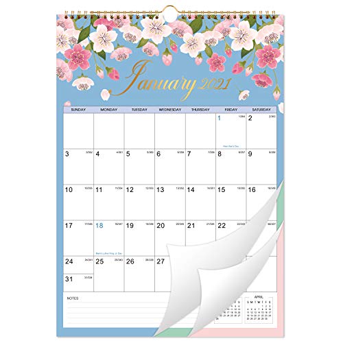 2021 Calendar – 12 Monthly Wall Calendar with Thick Paper, 12" x 17", Jan – Dec 2021 Twin-Wire Binding + Hanging Hook + Large Blocks with Julian Dates – Floral