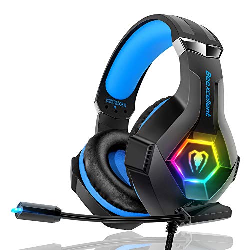 Gaming Headset PS4 Headset Pro 7.1 Surround Sound Noise Canceling Flexible Mic with 2pcs Mic Cover RGB LED Light Memory Earmuffs for Xbox one Nintendo Switch PC