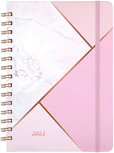 Planner 2021 – Weekly & Monthly Planner with Tabs, 6.3" x 8.4", Hardcover with Thick Paper + Back Pocket + Banded, Twin-Wire Binding – Pink Marble