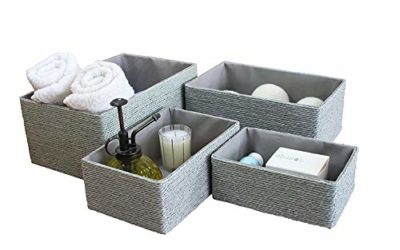 Storage Baskets Set 4 – Stackable Woven Basket Paper Rope Bin, Storage Boxes for Makeup Closet Bathroom Bedroom (Gray)