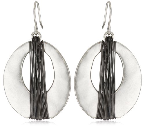 Kenneth Cole New York Silver-Tone and Hematite-Color Wire Wrapped Oval Hoop Drop Earrings