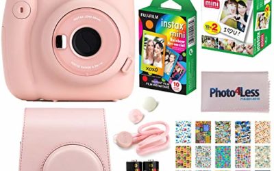 Fujifilm Instax Mini 11 Instant Camera – Blush Pink (16654774) + Fujifilm Instax Mini Twin Pack Instant Film (16437396) + Single Pack Rainbow Film + Case + Travel Stickers