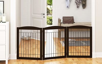 PAWLAND Extra Wide Dog gate for The House, Doorway, Stairs, Freestanding Foldable Wire Pet Gate, Pet Puppy Safety Fence,30" Height (Espresso, 3 Panels)