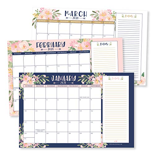 Navy Floral 2021-2022 Desk Calendar, Large Monthly Wall Planner, 18 Month Academic Desktop Calendar or Fridge Planning Blotter Pad, Pink Notes Section for Teachers, Family or Business Office 11×17"