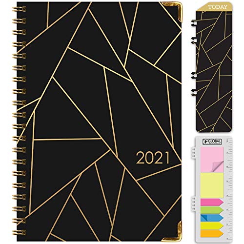 HARDCOVER 2021 Planner: (November 2020 Through December 2021) 5.5"x8" Daily Weekly Monthly Planner Yearly Agenda. Bookmark, Pocket Folder and Sticky Note Set (Black Gold Triangles)