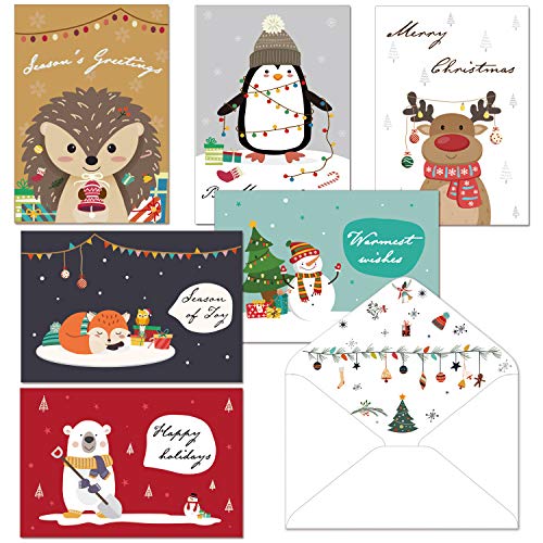 Christmas Cards Set – 24 Happy Holiday Cards with Envelopes Cute Animals Holiday Greeting Cards Bulk Large Professional Looking 4"x6" for Everyone on Your Christmas List