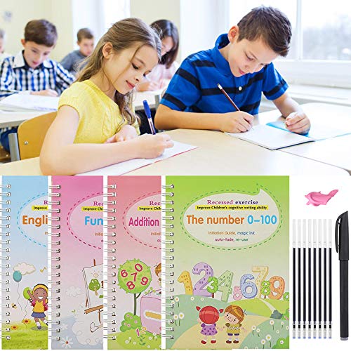 4Pcs Calligraphy Copybook, Books Reusable Copybook with Magical Pen, Magic Writing Paste Children's Kindergarten Grooves Post Before School Handwriting Alphabet- Learning for Kid (Style 2)