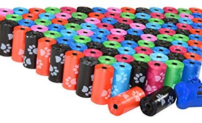 Downtown Pet Supply 2200 Pet Waste Bags, Dog Waste Bags, Bulk Poop Bags with Leash Clip and Bone Bag Dispenser – (2200 Bags, Rainbow with Paw Prints)