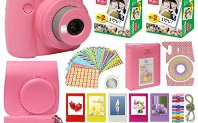 Fujifilm Instax Mini 9 Instant Kids Camera Flamingo Pink with Custom Case + Fuji Instax Film Value Pack (40 Sheets) Accessories Bundle, Color Filters, Photo Album, Assorted Frames, Selfie Lens + More