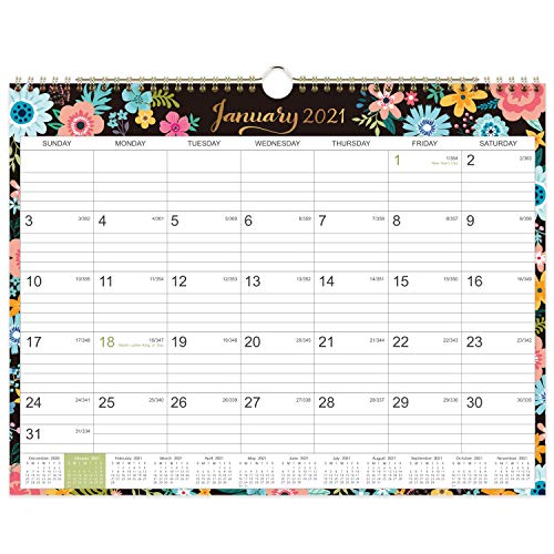 2021 Calendar – 12 Monthly Wall Calendar with Thick Paper, 14" x 11", Jan. 2021 – Dec. 2021, Twin-Wire Binding + Hanging Hook + Ruled Blocks with Julian Date, Horizontal – Black Floral