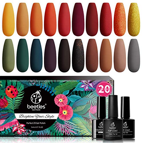 Beetles 23 Pcs Gel Nail Polish Kit-Cozy Campfire Fall Winter Orange Yellow Green Gel Nail Polish Set Colors Collection Soak off LED Nail Lamp Base Top Coat Glitter Gel Polish Nail Kit Christmas Gifts