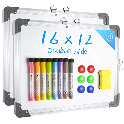 2 Pack 16" x 12" Double Side White Boards, BHY Small Dry Erase White Board Magnetic Hanging Whiteboards with 8 Markers, Dry Erase Board for School, Wall, Glasses, Home Office