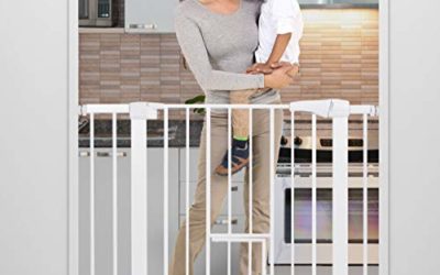 KINGSO Auto Close Safety Baby Gate 29.5"-40.5" Durable Extra Wide Easy Walk Thru Baby Gate with Pet Door for Stairs Doorways House. Include 4 Pressure Bolts, 2.75'' & 5.5'' Extension, White