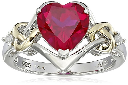 Sterling Silver and 14k Yellow Gold Diamond and Heart-Shaped Created Ruby Ring (0.03 cttw, I-J Color, I3 Clarity), Size 6