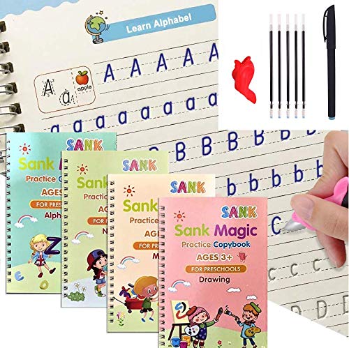 by LU Store 4 Packs Books Reusable Copybook with Magical Pen (The Writing Will Disappear) – Sank Magic Practice Copybook – Alphabet – Number – Math – Drawing – Learning for Kid (4 Books and Pen)