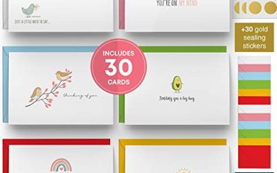 Dessie 30 Fun Thinking of You Cards With Envelopes. 30 4×6 Inch Note Cards With Envelopes Set – Blank Inside. 6 Unique Designs. Assorted Color Envelopes and Gold Seals. Sturdy Storage Box