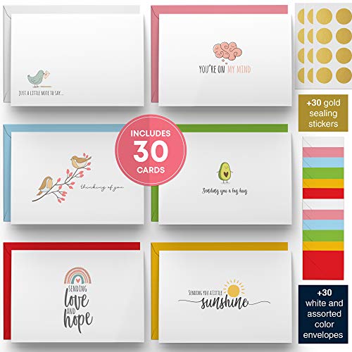 Dessie 30 Fun Thinking of You Cards With Envelopes. 30 4×6 Inch Note Cards With Envelopes Set – Blank Inside. 6 Unique Designs. Assorted Color Envelopes and Gold Seals. Sturdy Storage Box