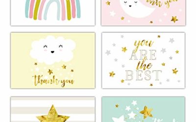 Gooji 4×6 Gold Foil Baby Starry Night Thank You Cards (Bulk 36-Pack) Matching Peel-and-Seal White Envelopes | Assorted Set, Watercolor Graphics | Baby Shower, Birthday Party, Blank Notes