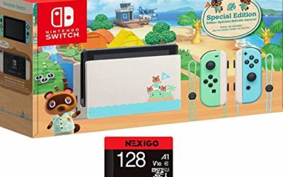 Nintendo Switch with Green and Blue Joy-Con – Animal Crossing: New Horizons Edition – 6.2" Touchscreen LCD Display, 802.11AC WiFi, Bluetooth 4.1 + NexiGo 128GB MicroSD Card Holiday Bundle