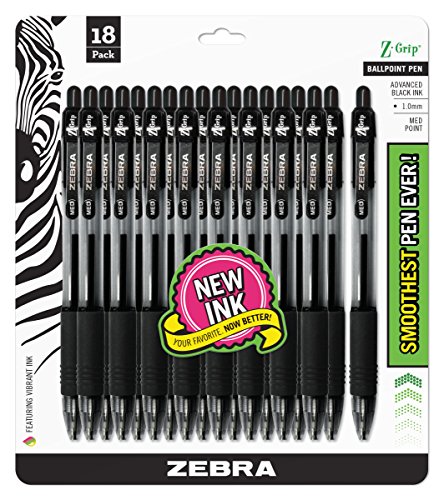 Zebra Pen Z-Grip Retractable Ballpoint Pen, Medium Point, 1.0mm, Black Ink, – 18 Pieces