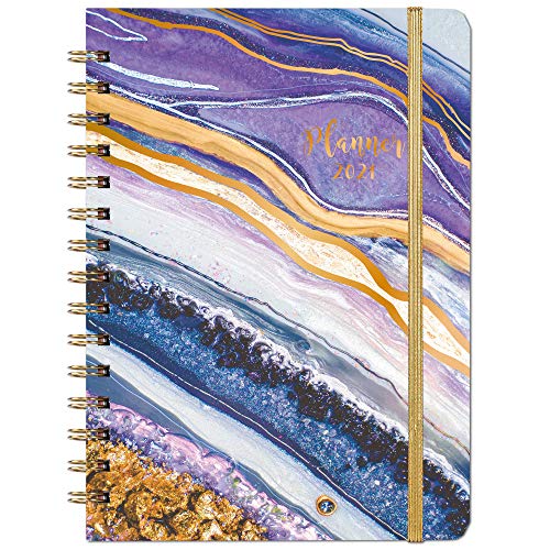 2021 Planner – Weekly & Monthly Planner with Tabs, 6.5" x 8.5", Hardcover with Thick Paper + Back Pocket + Banded, Twin-Wire Binding – Purple Gilding