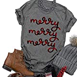 Beopjesk Women’s Buffalo Plaid Tees Casual Short Sleeve Merry Letter Printed Graphic Blouse Tops (M, Red)