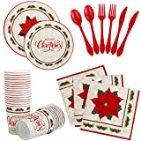 ANECO 168 Pieces Christmas Party Supplies Disposable Dinnerware Set Includes Plates, Napkins, Cups and Cutlery for Christmas Tableware Set Serve 24 Guest (Red)