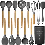 14 Pcs Silicone Cooking Utensils Kitchen Utensil Set – 446°F Heat Resistant,Turner Tongs,Spatula,Spoon,Brush,Whisk. Wooden Handles Gray Kitchen Gadgets Tools Set for Nonstick Cookware (BPA Free)