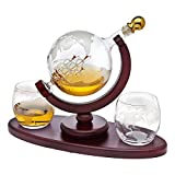 Whiskey Decanter Globe Set with 2 Etched Globe Whisky Glasses – for Liquor, Scotch, Bourbon, Vodka – 850ml