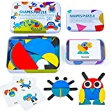 LIKEE Wooden Pattern Blocks Animals Jigsaw Puzzle Sorting and Stacking Games Montessori Educational Toys for Toddlers Kids Boys Girls Age 3+ Years Old (36 Shape Pieces& 60 Design Cards in Iron Box)