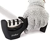 4-in-1 Kitchen Knife Accessories: 3-Stage Knife Sharpener Helps Repair, Restore, Polish Blades and Cut-Resistant Glove (Black)