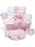 Baby Girl Pink Gift Hamper – with Fleece Wrap, Hooded Towel, Baby Clothes, 2 Muslin Cloths and Cute Teddy Bear