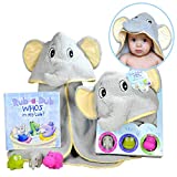 Baby Gift Set- Rub A Dub, Who’s in My Tub – 5 Piece Bath Set Includes Elephant Hooded Towel, 3 Jungle Safari Squirt Toys, and Book. Adorable for Boys and Girls!