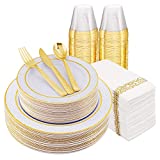 FLOWERCAT 175PCS White Plastic Plates with Gold Rim&White and Gold Plastic Plates&Gold Plastic Silverware – Ideal for Wedding, Party,Anniversary, Thanksgiving, Christmas