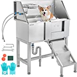 VEVOR Pet Grooming Tub, Stainless Steel Dog Wash Station Pet Washing Station 34″ Dog Washing Station Water-Resistant Grooming Tub for Dogs with Removable Door & Ladder on The Right