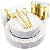 Hioasis 175pcs White and Gold Plastic Plates with Gold Plastic Silverware Include 25Dinner Plates,25Dessert Plates,25Cups,25Forks,25Knives,25Spoons,25Napkins Perfect for Thanksgiving & Parties