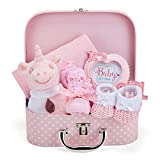 Baby Gift Set in Pink – Baby Shower Hamper for Baby Girl with Baby Gifts Including a Rattle, Photo Frame, Muslin Cloth, Bib, Socks, Mitts and Hat