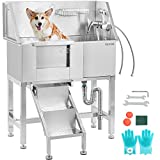 VEVOR 34″ Pet Grooming Tub Stainless Steel Dog Wash Station Pet Washing Station and Dog Bath Tub Water-Resistant Grooming Tub for Dogs with Removable Door & Ladder on The Left