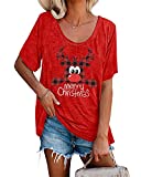 Womens Christmas Reindeer Print Tunic T Shirts Short Sleeve Round Neck Soft Loose Shirts Casual Tops with Pocket