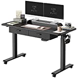 FEZIBO Adjustable Height Electric Standing Desk with Double Drawer, 55 x 24 Inches Stand Up Home Office Desk with Splice Tabletop, Black Frame/Black Top