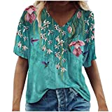 Fashion Blouse for Women Fall 2021, Sexy V Neck Short Sleeve Floral Print Shirts Loose Fit Summer Casual Tops to Hide Belly